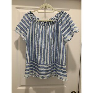 Rafaella Top Medium Blue White Striped Peasant White Medallion Crochet Trim